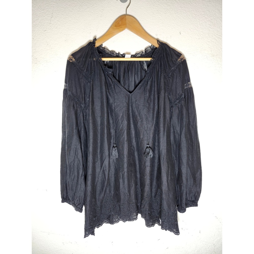 Old Navy Peasant Blouse Women 2X Black Eyelet Lace Tassel Boho